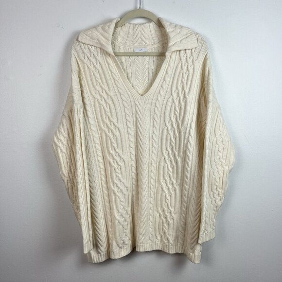 J. Jill‎ Cable Knit Sweater Womens XL Ivory Long Sleeve V Neck Pullover Chenille - Picture 1 of 9